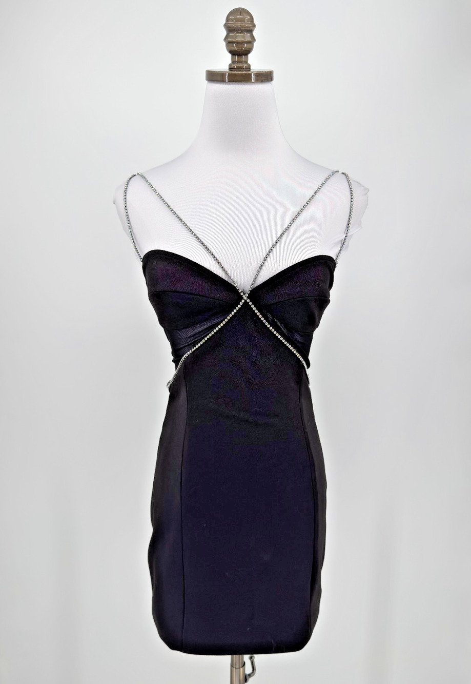 Heiress Beverly Hills Diamante Black Cut Out Rhinestone Strap Mini Dress Sz XS